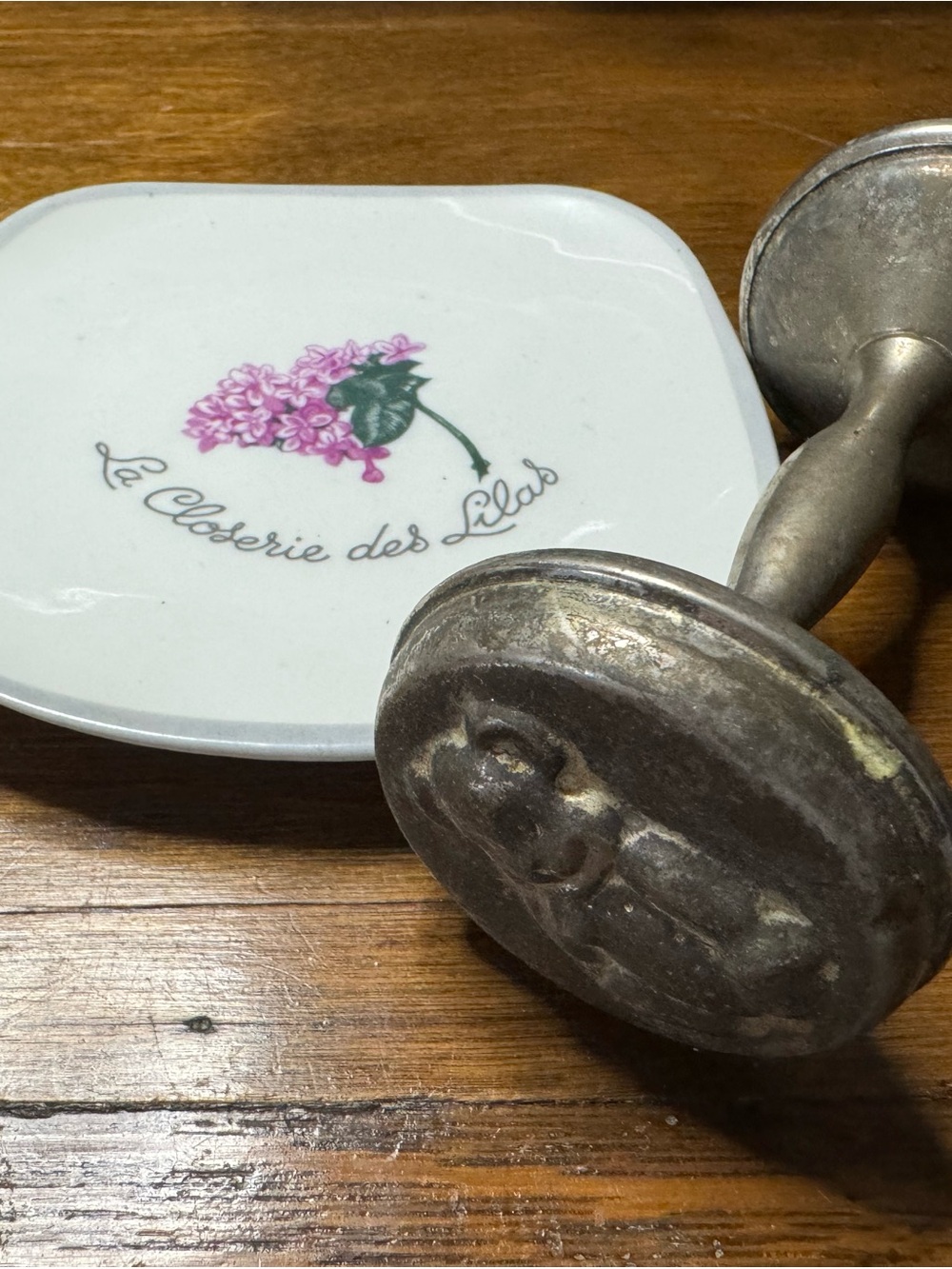 La Closerie des Lilas Floral Trinket Dish and antique rattle